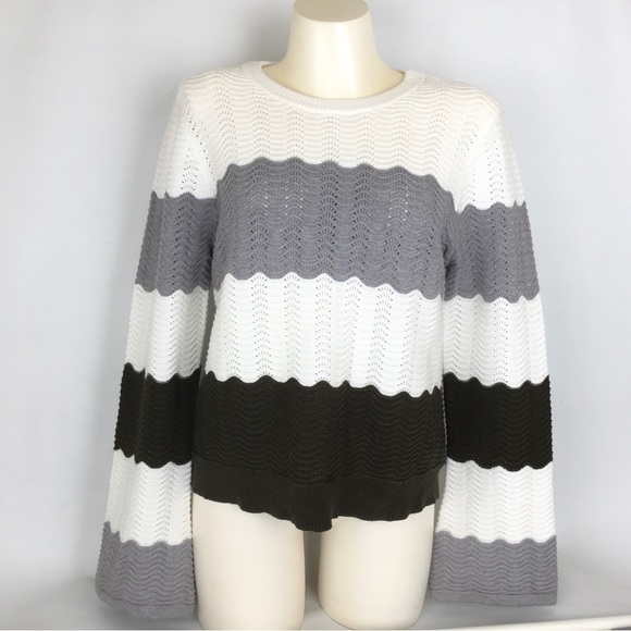 1. State Sweater Top Women’s Textured Pullover Grey White Green Striped Size L - Picture 13 of 14
